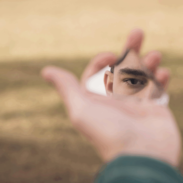 man holding triangle shaped mirror and looking at himself in it, eye is only visible